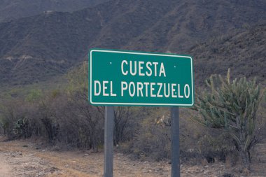 San Fernando del Valle de Catamarca, Argentina. September 21, 2025. Cuesta del Portezuelo sign, the road to the viewpoint
