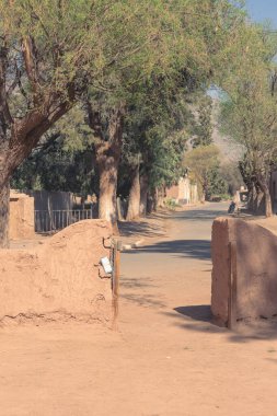 Earthen adobe gate opens to a quiet, tree-lined street. Catamarca, Argentina