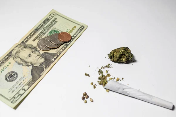 Notas Dólar Moedas Lado Cigarro Cannabis Com Broto Sementes — Fotografia de Stock