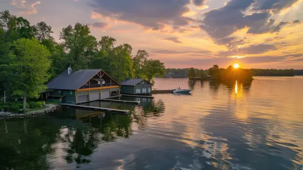 stock image Luxury Retreat Beautiful Lake House with Boathouses