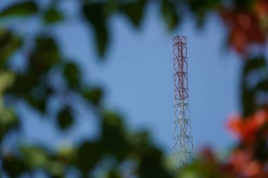 Begoninvillea çiçekleri tarafından çerçevelenmiş parlak mavi gökyüzüne karşı yükselen kırmızı-beyaz iletişim kulesi teknolojinin çevre dostu olması gerektiği mesajını iletiyor..