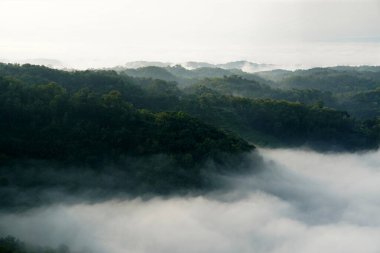 Sabah sisinde kısmen örtülü yemyeşil tepeler rüya gibi bir manzara yaratır. Tepelerin yumuşak kıvrımları bir bulut örtüsüyle yumuşar. Manzaraya huzur katar..
