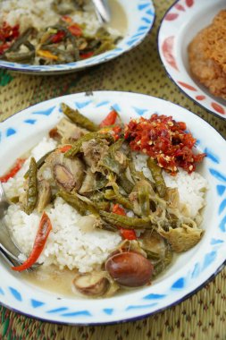 Kremalı hindistan cevizi sütü sebze yahnisi (sayur lodeh), kırmızı biberli sambal, kızarmış tempeh ve sahanda yumurta. Güveç uzun fasulye (Vigna unguiculata) ve genç Jackfruit (Artocarpus heterophyllus) içerir.).