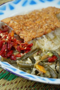 A lunch set with creamy coconut milk vegetable stew (sayur lodeh), red chili sambal, fried tempeh, and fried egg. The stew includes long beans (Vigna unguiculata) and young jackfruit (Artocarpus heterophyllus). clipart