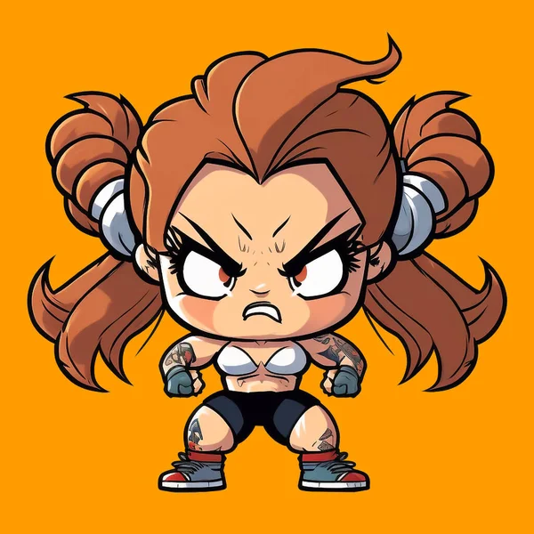 Angry chibi fitness girl with muscles