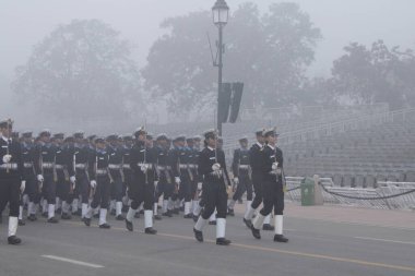 New Delhi, India-Jan 18 2022: Indian Navy soldier's contingent marches during the Republic day rehearsal at Rajpath, New Delhi.