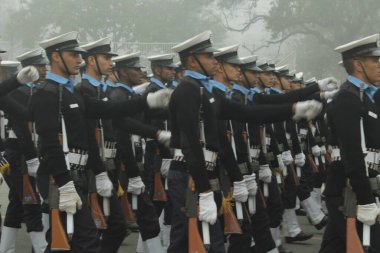 New Delhi, India-Jan 18 2022: Indian Navy soldier's contingent marches during the Republic day rehearsal at Rajpath, New Delhi.