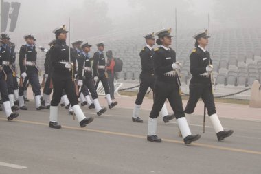 New Delhi, India-Jan 18 2022: Indian Navy soldier's contingent marches during the Republic day rehearsal at Rajpath, New Delhi.