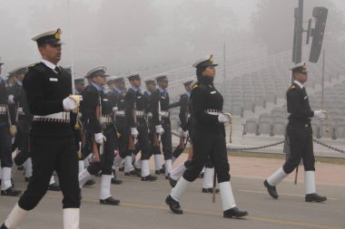 New Delhi, India-Jan 18 2022: Indian Navy soldier's contingent marches during the Republic day rehearsal at Rajpath, New Delhi.