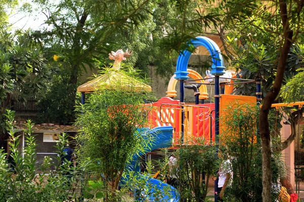 Chennai, Tamil Nadu, Hindistan 11 Nisan 2023: Kamu parkında yeşil çimenler ve ağaçlar, Hindistan, Delhi