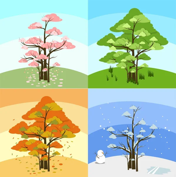 Группа Деревьев Четырьмя Сезонными Деревьями Одном Векторе Летняя Зима Осень — стоковый вектор
