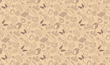 Karalama fırını, pürüzsüz desen arka plan, el çizimi ikon ekmek, pasta