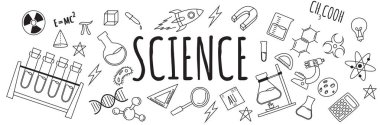Bilim simgesi karalama el çizimi tek renkli siyah okul, kimya, matematik, biyoloji, fizik, element el çizimi