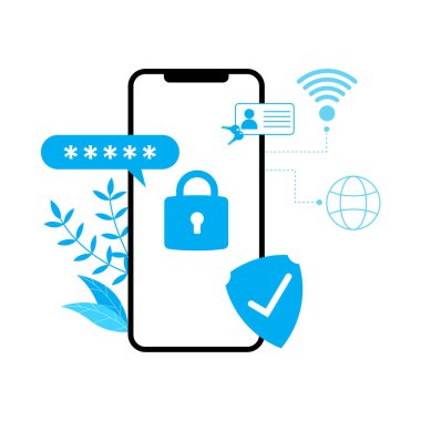 cyber security illustration on smartphone flat design blue color protected password and personal information on internet clipart