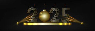Süslü siyah süslemeleri olan beyaz bir Noel arkaplanı. Yıldızlar, siyah top, parıltı, kar tanesi ve yılan. Yazıtlar için yer var. 2025