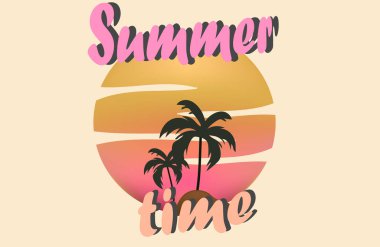 Eski moda palmiye yaprakları ve güneş gözlükleriyle yaz arkaplanı. 1980 'lerin fütüristik geçmişi. Klasik 80 'ler tasarım vektör çizimi. Sıcak yaz zamanı.