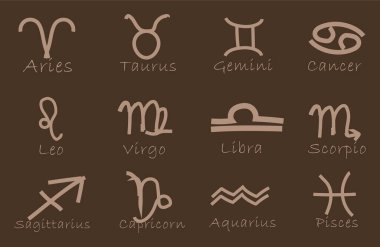 Zodiac işaretleri ayarlandı. İzole burç sembolleri: Koç, Boğa, İkizler, Kanser, Aslan, Başak, Terazi, Akrep, Yay, Oğlak, Kova ve Balık. Zodiac astroloji vektör çizimi.