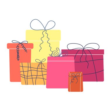 Tatil için farklı hediye kutuları yığını. Fiyonklarla süslenmiş bir yığın hediye. Beyaz arkaplanda izole edilmiş festival paketlerinin renkli düz vektör çizimi