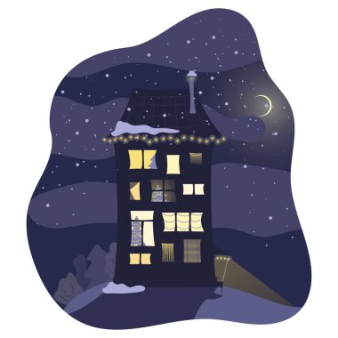 Gece kışı manzarası ya da karla kaplı tepenin üzerinde köy evi ve karda ayak izleri olan pankart. Çizgi film tarzında vektör kış çizimi. Şirin, rahat zencefilli kurabiye evi.