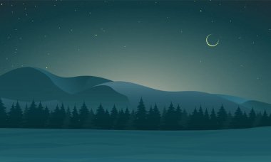 Kış gecesi tepede bir orman. Parlayan ay, dağlar ve yıldızlar.