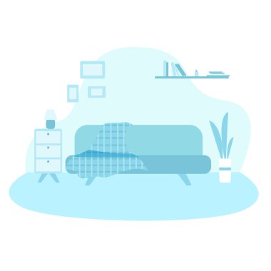 Tek renkli arka plan oturma odası. Duvar, sandalye, ev bitkisi, kitaplar.