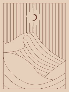 Boho çizgisi sanatı, çöl, ay, geometrik gökyüzü, dalga 