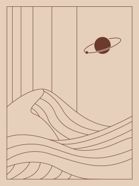 Boho hattı sanatı, çölle, gezegenle, dalgalarla minimalist illüstrasyon 
