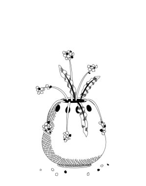 Siyah ve beyaz çizgi sanat kil vazoda solmuş çiçekler, çizgi çizimi, dijital oyma