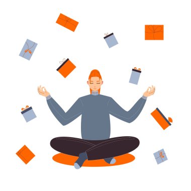 Kız başının üstünde hediyelerle meditasyon yapar, bir dilek tutar, şenlikli bir illüstrasyon, yeni yıl, Noel, tatil, düz stil