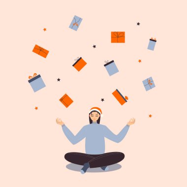 Kız başının üstünde hediyelerle meditasyon yapar, bir dilek tutar, şenlikli bir illüstrasyon, yeni yıl, Noel, tatil, düz stil
