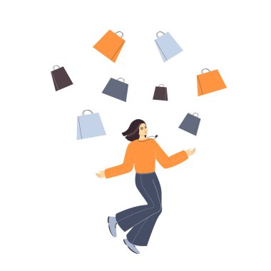 Alışveriş yapan bir kız, kafasının üstünde paketler uçuşan, web siteleri, baskılar, el ilanları, çıkartmalar, reklamlar, sosyal ağlar için resimler