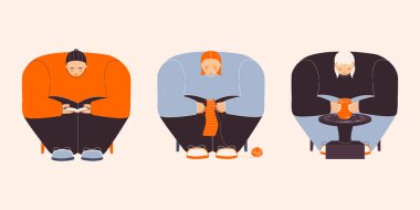 Woman, girl reading, knitting, potter's wheel, modern flat illustration, disproportionate body, hobby,  isolated