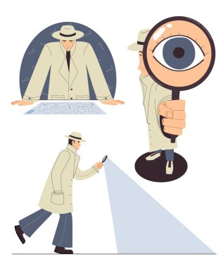 Set of illustration, Detective in cloak and hat investigates case, looks at map, walks with magnifying glass, cartoon character, flat design