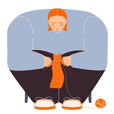 Woman, girl knitting, modern flat illustration, disproportionate body, hobby, pastel colors, isolated