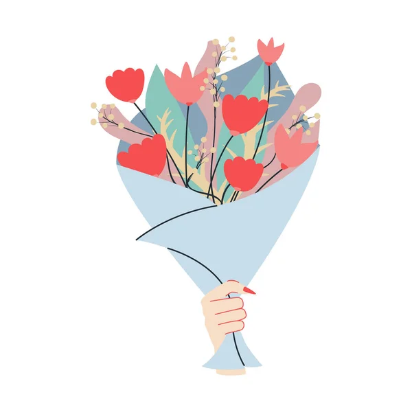 hand holding a bouquet, flowers, flat illustration, color