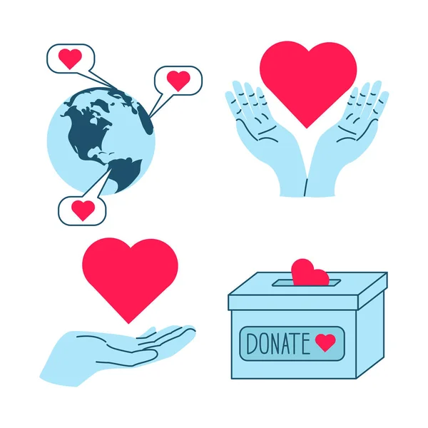 Stock vector Set hands holding heart, planet, donate box, charity concept, help, donation