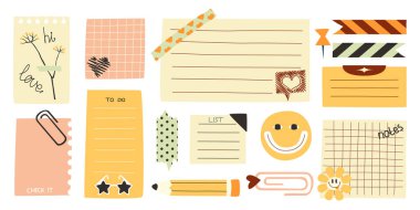 Yapışkan karalama notları, vektör eli çizilmiş mermi günlük elementleri, izole edilmiş.