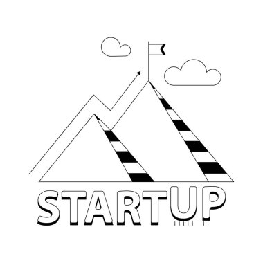 Siyah beyaz illüstrasyon, bayrak, dağ ve bayrak ile başlat