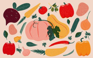 Risograph tarzı sebzeler, kabaklar, havuç, soğan, sarımsak, biber, pancar.
