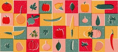 Pop sanatında doğal yemek afişi, risograf tarzı. Sebzeler, parlak renkler