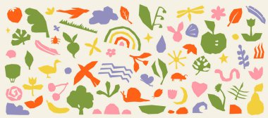 Soyut şirin el, doğanın organik şekillerini çizmiş. Karalama doğa formlarıyla dolu renkli bir geçmişi var. Vektörde renkli çizilmiş nesneler kümesi