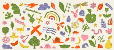 Soyut, şirin el çizgileri ile doğal organik şekiller çiziyor. Karalama doğa formlarıyla dolu renkli bir geçmişi var. Vektörde renkli çizilmiş nesneler kümesi