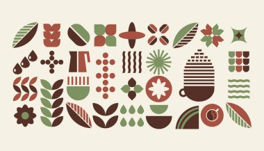 Bauhaus doğal geometrik şekiller, fayanslarda kahve deseni, dekoratif soyut sanat, pankart, duvar kağıdı, tarım konsepti.