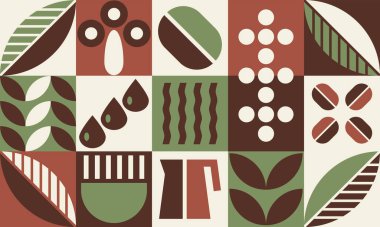 Kahve kalıbı, fayanslarda Bauhaus geometrik şekilleri, tahıllı dekoratif soyut sanat, yapraklar, su, kahve demliği, pankart