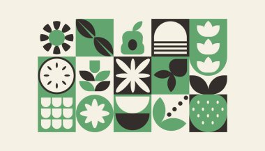 Bauhaus bitkileri, fayanslardaki doğal geometrik desen, çiçekli dekoratif soyut sanat, yapraklar, meyveler, sebzeler, afişler, duvar kağıtları