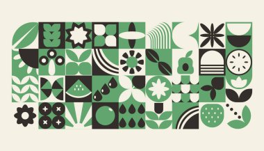 Bauhaus bitkileri, fayanslardaki doğal geometrik desen, çiçekli dekoratif soyut sanat, yapraklar, meyveler, sebzeler, afişler, duvar kağıtları