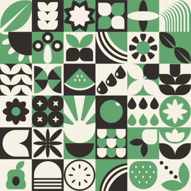 Bauhaus bitkileri, doğal geometrik kare desenli fayanslar, çiçekli dekoratif soyut sanat, yapraklar, meyveler, sebzeler, afişler, duvar kağıtları