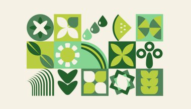 Bauhaus bitkileri, fayanslardaki doğal geometrik desen, çiçekli dekoratif soyut sanat, yapraklar, meyveler, sebzeler, afişler, duvar kağıtları