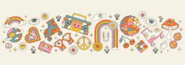 Havalı hippi 70 'lerin afişi, hazır. Komik karikatür çiçeği, gökkuşağı, barış, aşk, kalp, papatya, mantar vs. Moda modası geçmiş psikedelik çizgi film tarzında etiket paketi