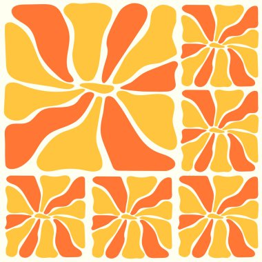 Soyut organik şekiller papatya çiçekleri uçuk moda tarzında kusursuz desenler. 1970 'lerin psikedelik çiçek geçmişi. Tekstil, ambalaj kağıdı ve tebrik kartları için vektör tasarımı